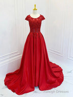 A-Line Scoop Neckline Satin Lace Burgundy Prom Dresses Long Prom Dresses Short Sleeves December Wedding Guest Dresses
