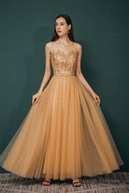 A-Line Scoop Neckline Sheer Appliques Beaded Ankle Length Prom Dresses