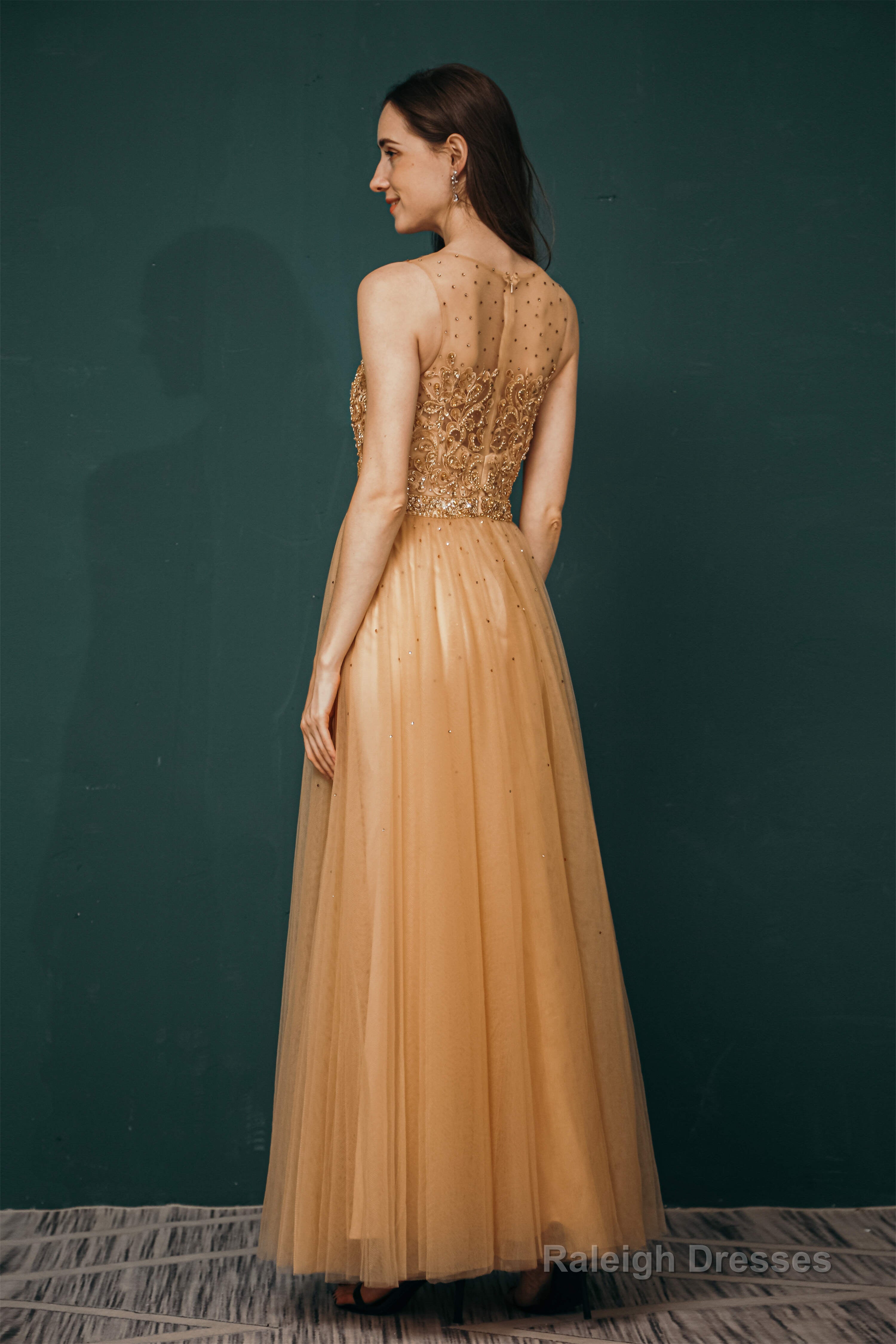 A-Line Scoop Neckline Sheer Appliques Beaded Ankle Length Prom Dresses