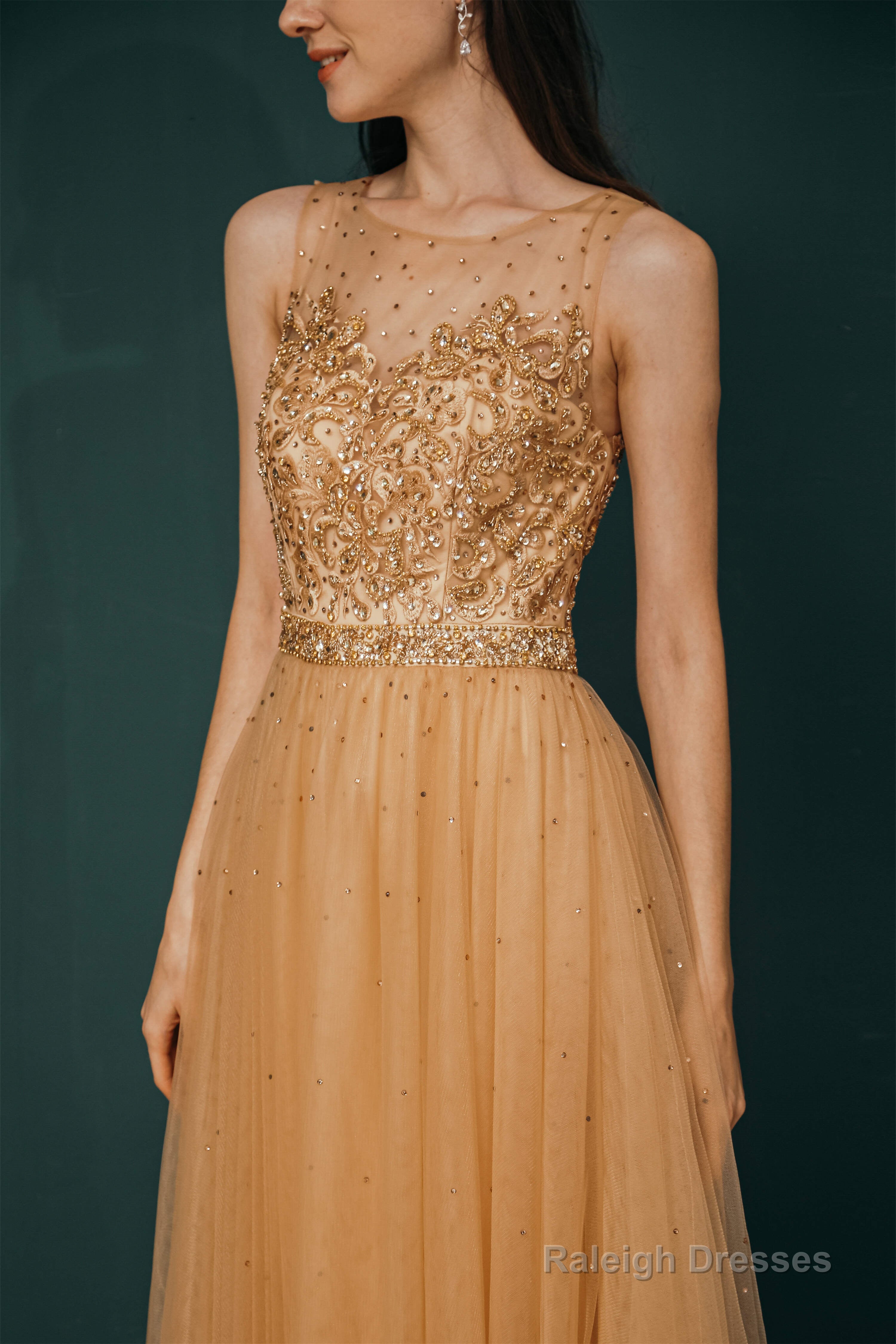 A-Line Scoop Neckline Sheer Appliques Beaded Ankle Length Prom Dresses