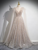A-Line Scoop Neckline Tulle Champagne Long Formal Prom Dress, Champagne Sequin Prom Dress