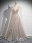 A-Line Scoop Neckline Tulle Champagne Long Formal Prom Dress, Champagne Sequin Prom Dress