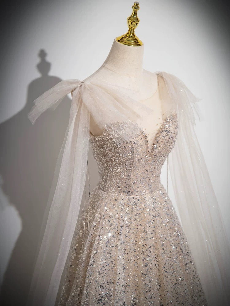 A-Line Scoop Neckline Tulle Champagne Long Formal Prom Dress, Champagne Sequin Prom Dress Secondary image