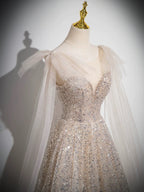 A-Line Scoop Neckline Tulle Champagne Long Formal Prom Dress, Champagne Sequin Prom Dress