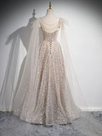 A-Line Scoop Neckline Tulle Champagne Long Formal Prom Dress, Champagne Sequin Prom Dress
