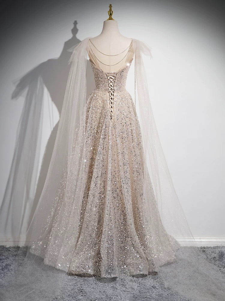 A-Line Scoop Neckline Tulle Champagne Long Formal Prom Dress, Champagne Sequin Prom Dress