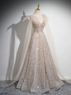 A-Line Scoop Neckline Tulle Champagne Long Formal Prom Dress, Champagne Sequin Prom Dress