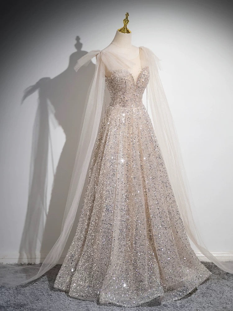 A-Line Scoop Neckline Tulle Champagne Long Formal Prom Dress, Champagne Sequin Prom Dress