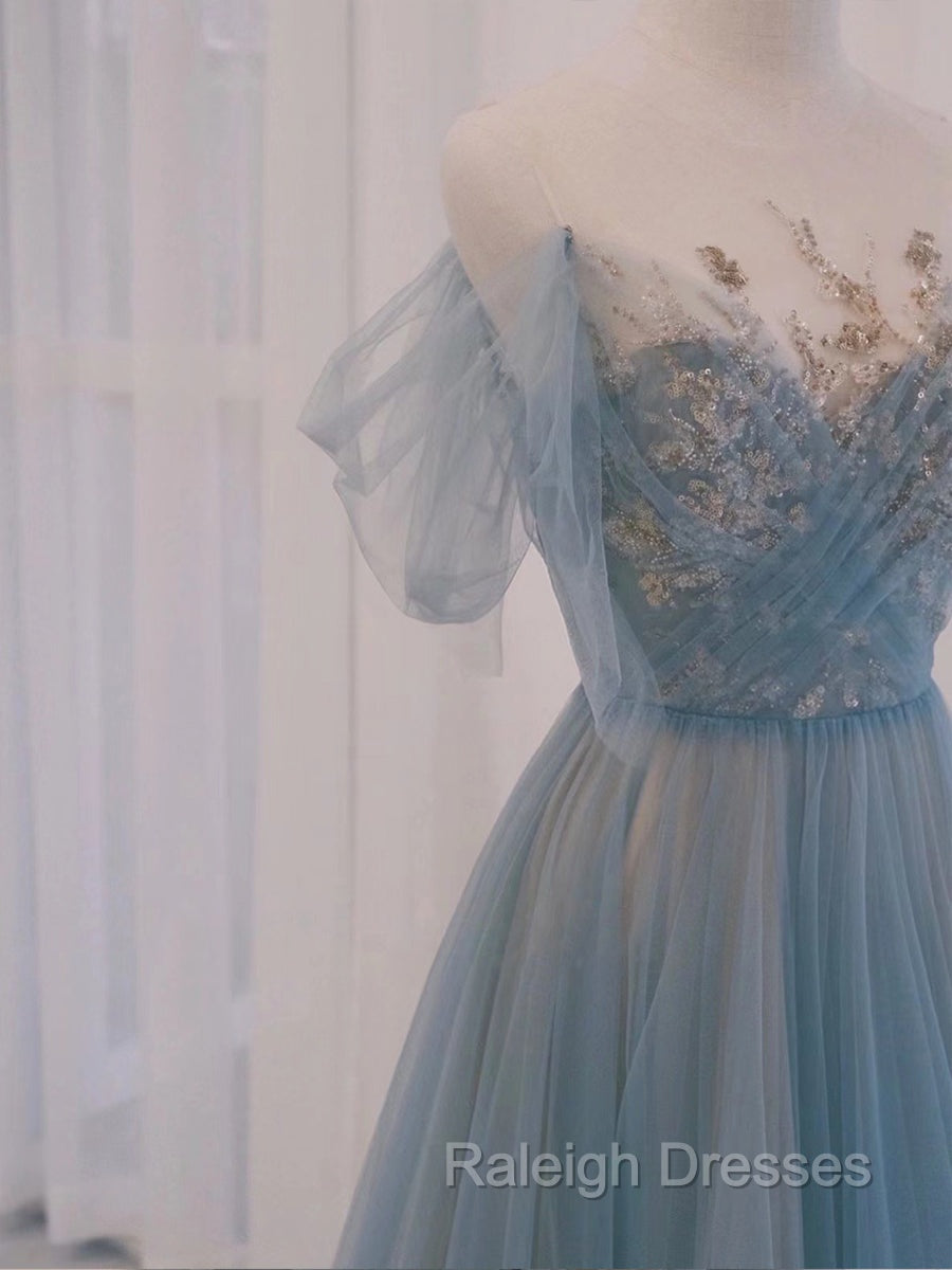 A Line Scoop Neckline Tulle Gray Blue Prom Dresses Long with Sequin