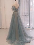 A Line Scoop Neckline Tulle Gray Blue Prom Dresses Long with Sequin