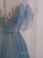 A Line Scoop Neckline Tulle Gray Blue Prom Dresses Long with Sequin