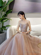 A-Line Scoop Neckline Tulle Lace Long Prom Dress, Beautiful Lace Formal Evening Dress