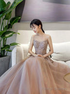 A-Line Scoop Neckline Tulle Lace Long Prom Dresses Beautiful Lace Prom Dresses