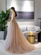 A-Line Scoop Neckline Tulle Lace Long Prom Dress, Beautiful Lace Formal Evening Dress