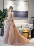 A-Line Scoop Neckline Tulle Lace Long Prom Dress, Beautiful Lace Formal Evening Dress