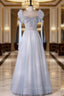 A-Line Scoop Neckline Tulle Light Blue Long Prom Dress with Beads