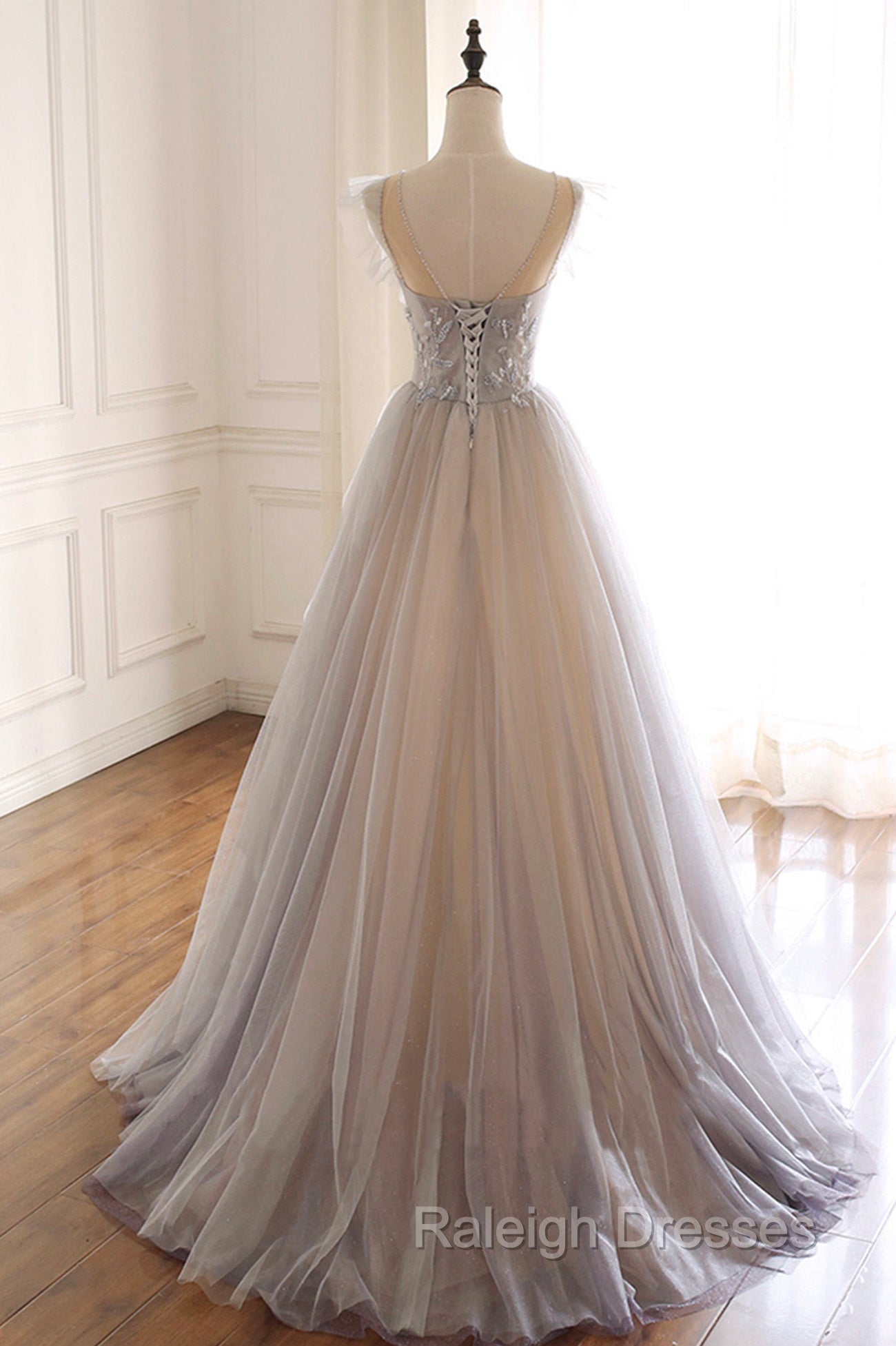 A-Line Scoop Neckline Tulle Long Prom Dress with Beaded, Evening Party Dress