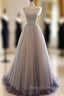 A Line Scoop Neckline Tulle Long Prom Dress with Beaded, Prom Prom Dress