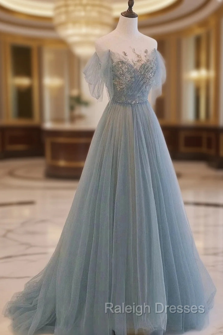 A Line Scoop Neckline Tulle Long Prom Dress with Sequin