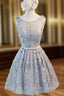 A Line Scoop Sleeveless Short Silver Lace Homecoming Dresses with Appliques
