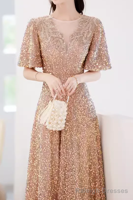 A line Sequin Gold Party Dress Long Prom Dress