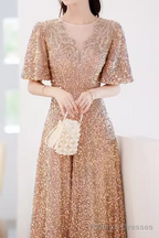 A line Sequin Gold Prom Dress Long Prom Dress