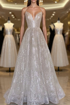 A line sequin long prom dress, Champagne sequin evening dress