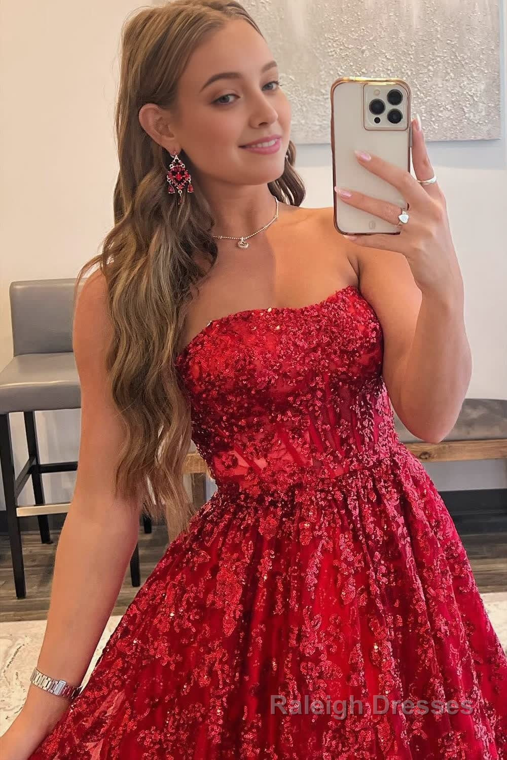 A Line Sequined Lace Long Prom Dress with Pockets