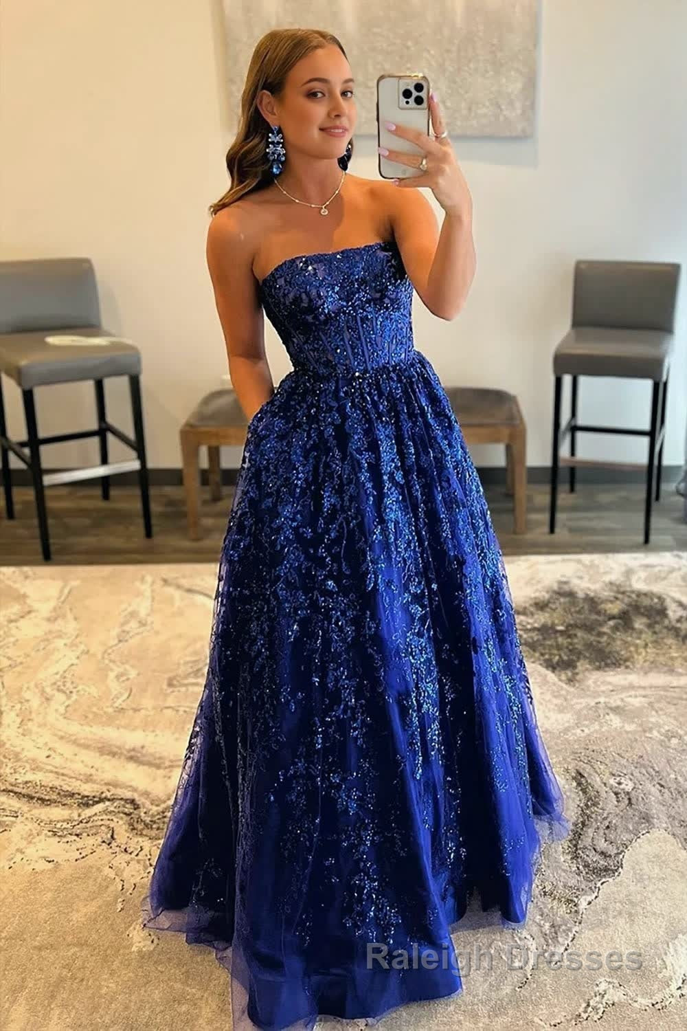 A-line Sequined Lace Long Prom Dress with Pockets Main image