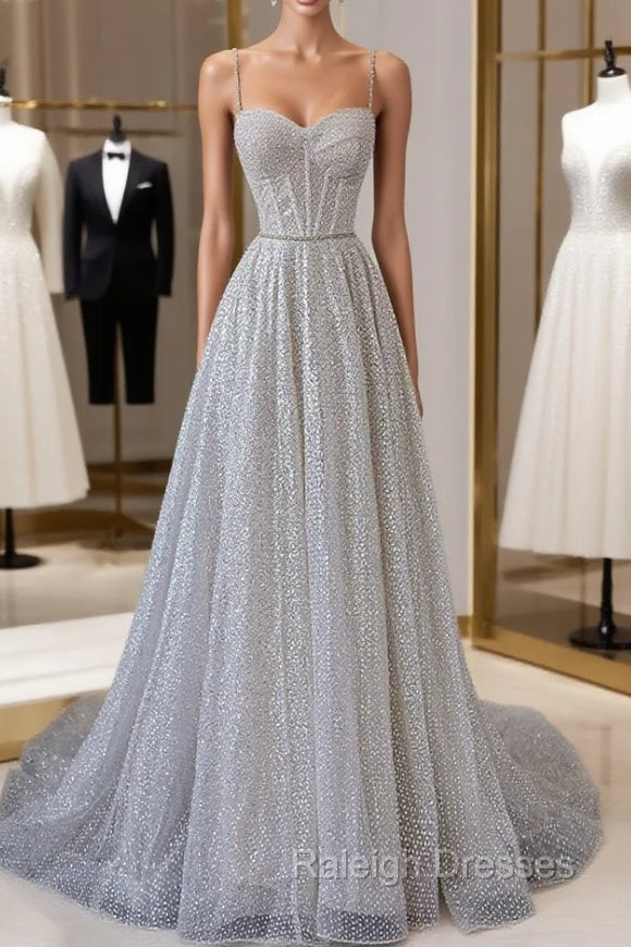 A-Line Sequins Long Prom Dress, Spaghetti Strap and Corset Evening Dress