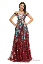 A Line Sequins Off the Shoulder Long Prom Dresses