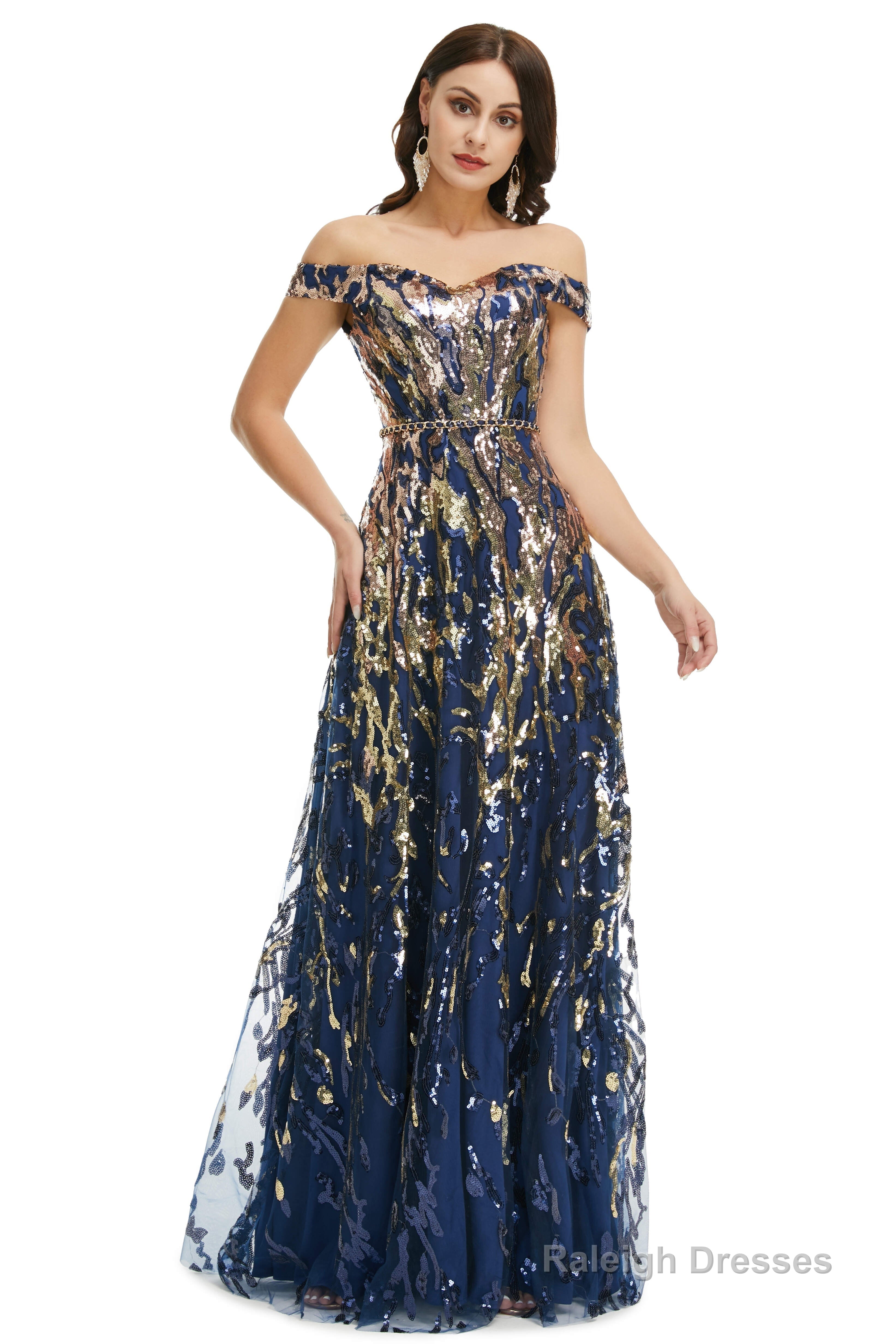 A Line Sequins Off the Shoulder Long Prom Dresses Secondary image