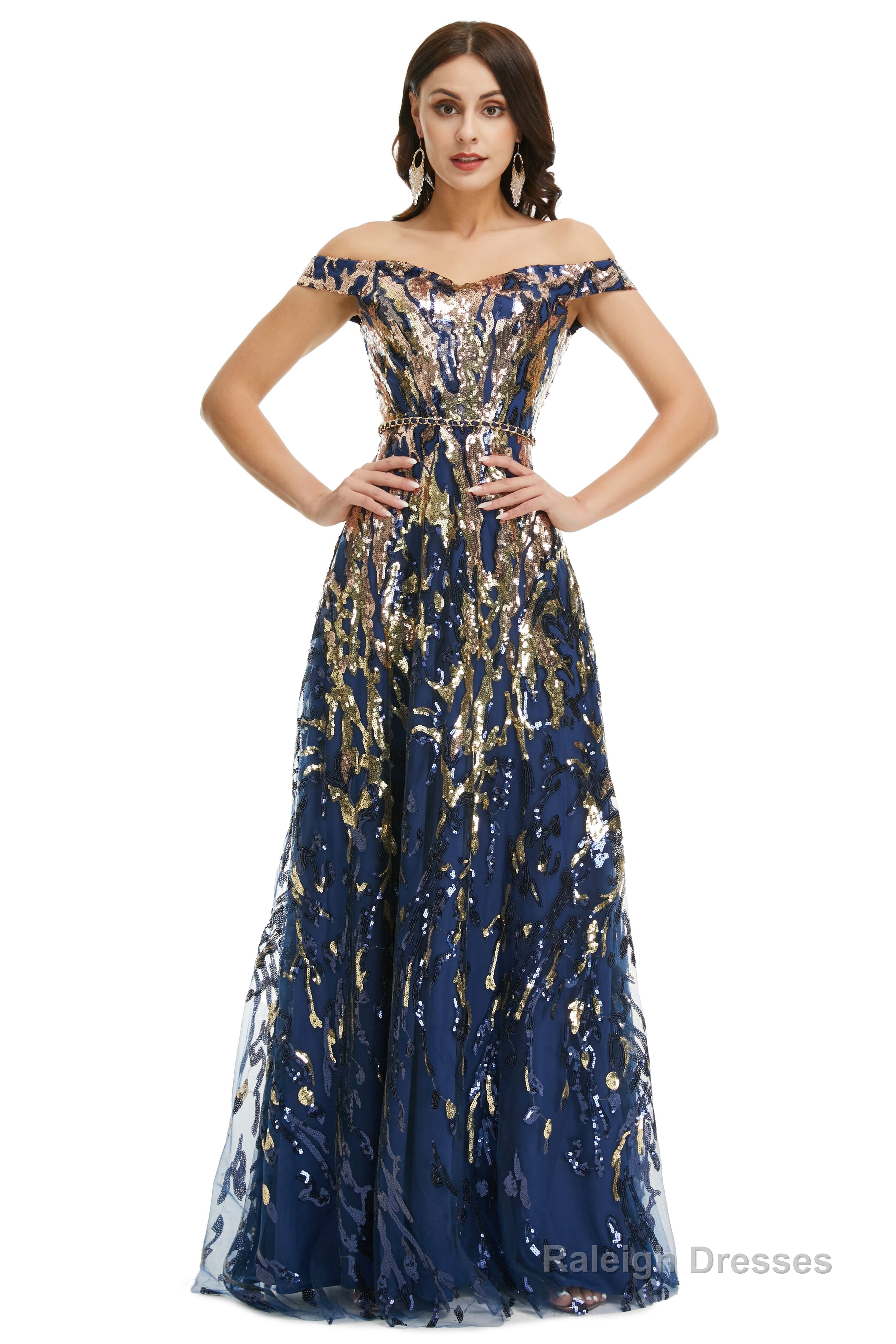 A Line Sequins Off the Shoulder Long Prom Dresses