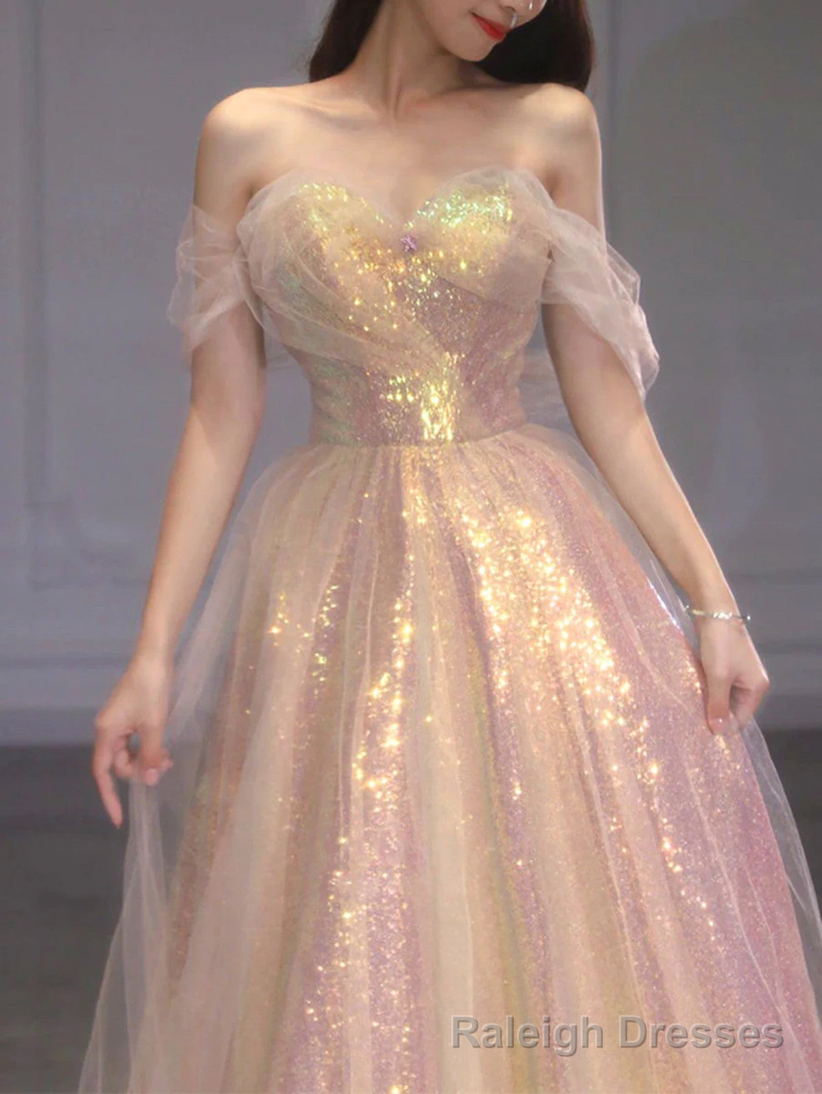 A Line Sequins Pink Sweetheart Long Formal Dress, Pink Sequins Prom Dress Secondary image