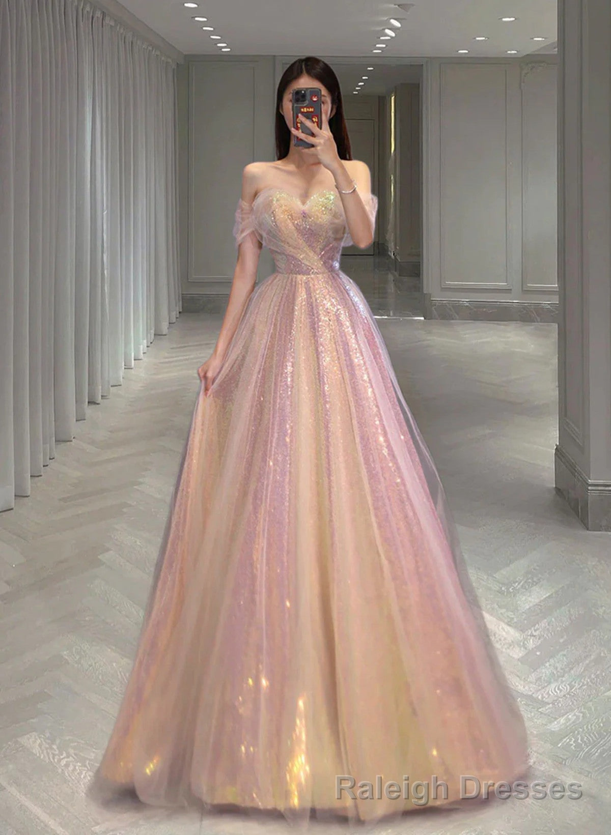 A Line Sequins Pink Sweetheart Long Formal Dress, Pink Sequins Prom Dress