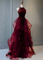 A-Line Sequins With Tulle Wine Red Long Prom Dresses Wine Red Halter Prom Dresses