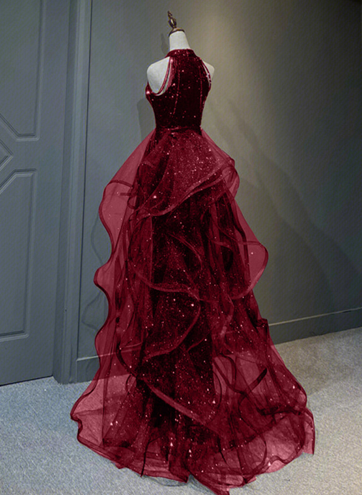 A-Line Sequins With Tulle Wine Red Long Prom Dresses Wine Red Halter Prom Dresses