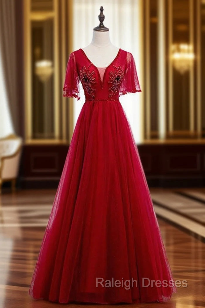 A Line Burgundy Tulle V Neck Backless Beading Prom Dresses