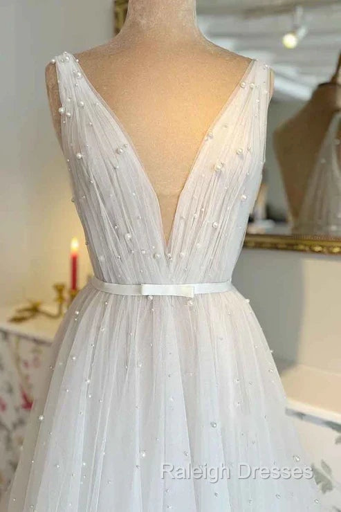 A Line Sexy V neck Pearls Elegant Wedding Dress Secondary image