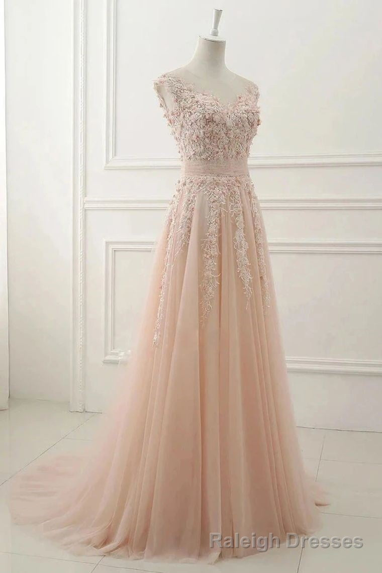 A Line Sheer Neck Cap Sleeves Tulle Prom Dresses With Appliques