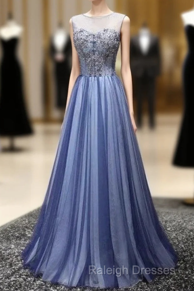 A Line Sheer Neck Rhinestones Long Tulle Prom Dress Floor Length Beautiful Main image