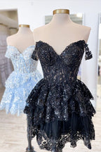 A-Line Short Black Prom Dress Sheer Corset Bodice Homecoming Dress