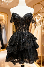 A-Line Short Black Prom Dresses Sheer Corset Bodice Homecoming Dresses