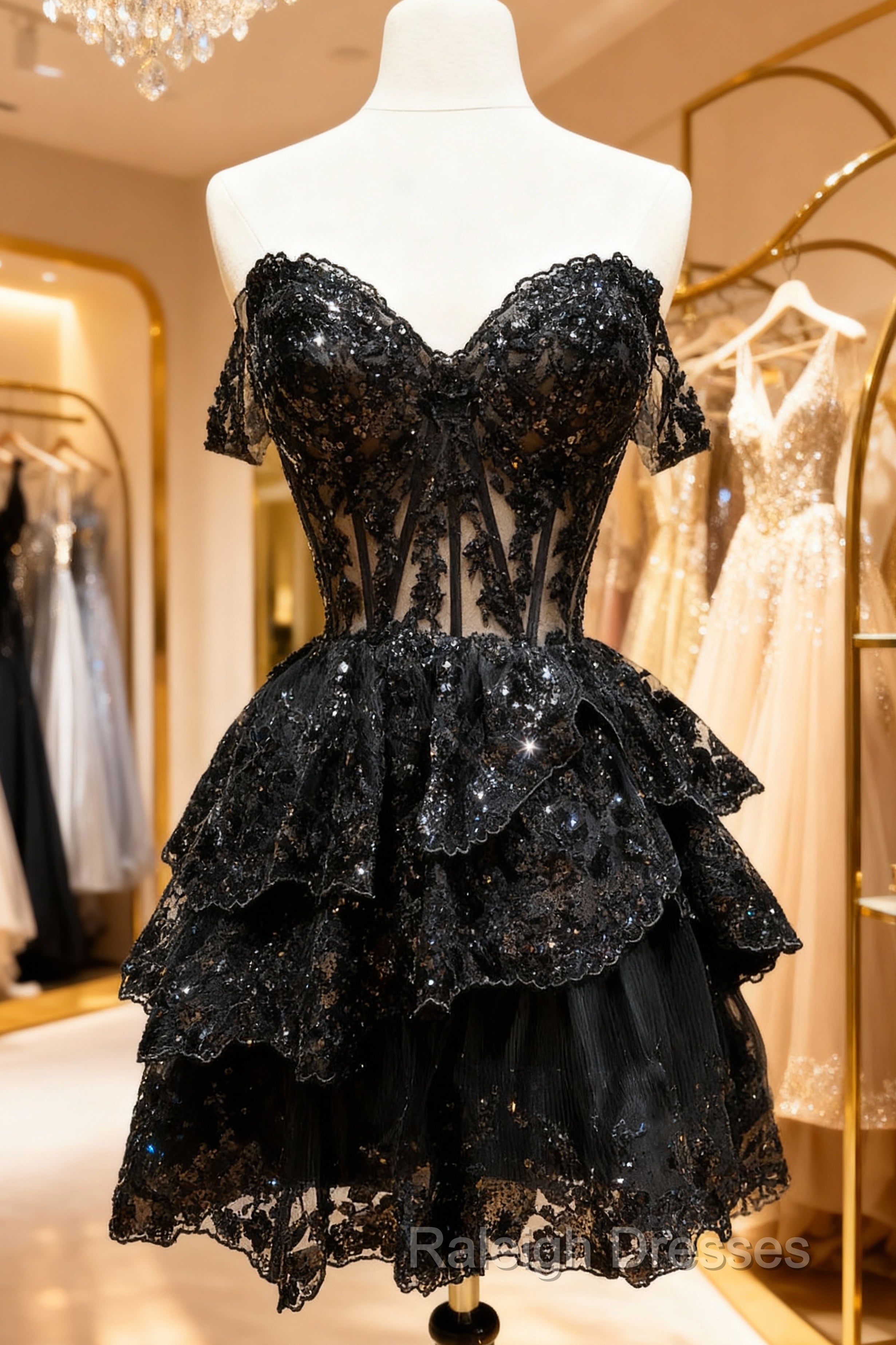 A-Line Short Black Prom Dresses Sheer Corset Bodice Homecoming Dresses