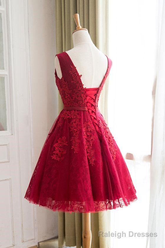 A Line Short Burgundy Lace Prom Dress, Lace Graduation Dress, Homecoming Dresses, Burgundy Bridesmaid Dresses Secondary image