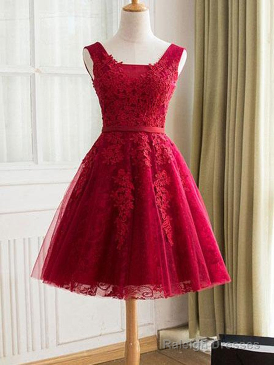 A Line Short Burgundy Lace Prom Dress, Lace Graduation Dress, Homecoming Dresses, Burgundy Bridesmaid Dresses Main image