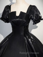 A-Line Short Sleeve Black Satin Long Prom Dresses Black Long Prom Dresses