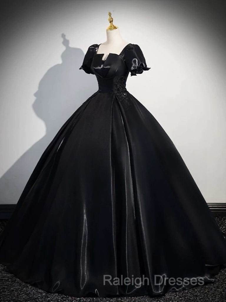 A-Line Short Sleeve Black Satin Long Prom Dress, Black Long Formal Dress