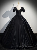 A-Line Short Sleeve Black Satin Long Prom Dress, Black Long Formal Dress