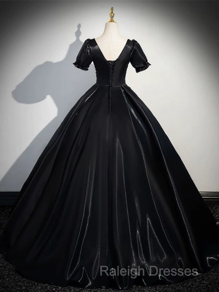 A-Line Short Sleeve Black Satin Long Prom Dress, Black Long Formal Dress